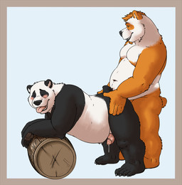 anal anal_penetration anthro anthro_on_anthro anthro_penetrated anthro_penetrating anthro_penetrating_anthro barrel belly bent_over black_body black_fur blue_eyes blush bodily_fluids duo erection from_behind_position fur genital_fluids genitals hair humanoid_genitalia humanoid_penis male male/male male_anthro male_penetrated male_penetrating male_penetrating_male nude nude_anthro nude_male one_eye_closed open_mouth open_smile orange_body orange_eyes orange_fur orange_hair overweight overweight_anthro overweight_male penetration penile penile_penetration penis penis_in_ass pink_penis platform_standing_doggystyle precum precum_string sex smile standing standing_doggystyle tail teeth tongue tongue_out white_body white_fur kronexfire blizzard_entertainment warcraft bear mammal pandaren 2015 hi_res