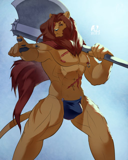 abs anthro athletic axe battle_axe biceps big_weapon biped brown_body brown_fur brown_hair bulge clothed clothing fantasy_weapon fur gesture greataxe hair hand_gesture male melee_weapon muscular muscular_anthro nipples pecs pointing pointing_at_viewer red_eyes scar skimpy solo standing topless underwear vein weapon redwolfalang felid lion mammal pantherine 4:5 absurd_res hi_res