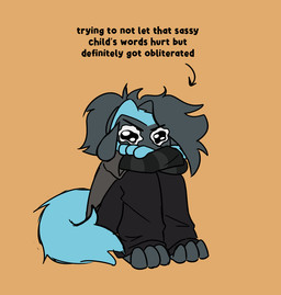 anthro bent_legs black_hair blue_body blue_fur bodily_fluids bottomwear clothing crossed_arms crying directional_arrow facial_markings fluffy fluffy_hair fur hair head_markings long_sleeve_shirt male markings mask_(marking) orange_background pants shirt simple_background sitting sitting_on_ground solo t-shirt tears teary_eyes text topwear somesacredbird nintendo pokemon fan_character riolu_(somesacredbird) generation_4_pokemon pokemon_(species) riolu 2025 digital_drawing_(artwork) digital_media_(artwork) english_description english_text