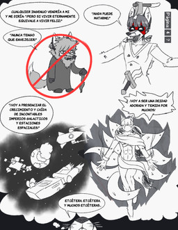 9_tails abdominal_impalement abs anthro armor arrow_(weapon) arrowed axe beard bowl_cut bracers clothed clothing convenient_censorship elderly_male explosion facial_hair fully_clothed fur glowing glowing_eyes grey_body grey_fur gunshot gunshot_wound hair hatchet impalement irregular_speech_bubble male mask melee_weapon mouthless multi_tail no_symbol nude open_mouth open_smile planet ranged_weapon smile solo space spacecraft speech_bubble sword tail text thought_bubble vehicle walking_stick weapon whiskers wounded usuario2 flavio_terracota canid canine deity fox mammal comic hi_res spanish_text translated
