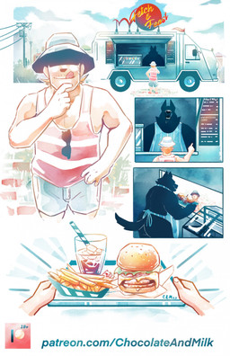 anthro apron beverage blonde_hair blue_apron blue_clothing bottomwear burger butt clothed clothing commercial_vehicle delivery_(commerce) delivery_vehicle duo food food_truck grey_bottomwear grey_clothing grey_shorts hair licking licking_lips licking_own_lips male male_anthro male_human medium_truck mouth_closed multi-stop_van open_mouth outside overweight overweight_anthro overweight_male pattern_clothing pattern_topwear red_clothing red_topwear shorts striped_clothing striped_topwear stripes tail tan_body tan_skin text tongue tongue_out topwear truck van vehicle chocolateandmilk human mammal comic hi_res url