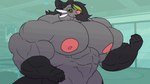 5_fingers abs anthro areola biceps big_areola big_muscles big_pecs biped black_ears black_hair black_sclera blush blush_lines eyelashes fingers gloves_(marking) green_eyes green_highlights grey_body hair highlights_(coloring) huge_muscles huge_pecs hyper hyper_muscles hyper_pecs male markings muscular muscular_anthro muscular_male nipples nude open_mouth pecs pink_areola pink_nipples pink_nose pulsating standing whiskers parttimeyeen_(artist) nintendo pokemon ganger dewott generation_5_pokemon pokemon_(species) 2024 2d_animation animated loop short_playtime