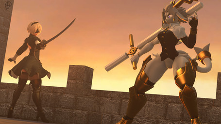 5_fingers accessory anthro antlers armor black_clothing black_topwear black_vest blindfold blue_eyes boots bottomless bottomless_anthro bottomless_female button_(fastener) capelet castle clothed clothing dream_breaker_(pseudoregalia) dress duo featureless_crotch female fight fingerless_gloves fingers floppy_ears fluffy fluffy_tail footwear fur gloves gold_greaves golden_antlers greaves grey_body grey_fur grey_hair hair hair_accessory hairband handwear high_heeled_boots high_heels holding_melee_weapon holding_object holding_sword holding_weapon horn huge_hips huge_thighs leg_tuft legwear light-skinned_female light_body light_skin long_ears long_tail machine melee_weapon outside shoes short_hair stockings sword tail thick_thighs topwear tuft vest weapon white_capelet white_clothing white_hair wide_hipped_anthro wide_hipped_female wide_hips ordinary_pictures warfaremachine_(modeler) nier_automata platinumgames pseudoregalia sybil_(pseudoregalia) warfare_sybil yorha_2b android bovid caprine goat humanoid hybrid jackalope lagomorph mammal robot 16:9 2025 3d_(artwork) crossover digital_media_(artwork) hi_res source_filmmaker_(artwork) watermark widescreen