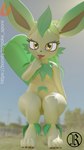 2024 3d_(artwork) 9:16 anthro anthrofied blender_(artwork) blender_cycles camera_view digital_media_(artwork) eeveelution eye_contact female generation_4_pokemon green_body green_hair hair hi_res hindpaw leaf leaf_on_head leafeon looking_at_another nintendo nude open_mouth paws pokemon pokemon_(species) sawert simple_background sitting solo tongue tongue_out