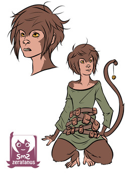bell belt brown_body brown_fur brown_hair clothing crouching female fur green_clothing green_shirt green_topwear green_tunic hair orange_eyes paws pouches shirt solo topwear tunic zeratanus dungeons_and_dragons hasbro wizards_of_the_coast fa_(zeratanus) haplorhine mammal monkey primate vanara 2012