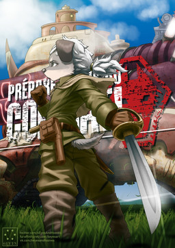 anthro armored_vehicle belt cape clothing fur gloves grey_body grey_fur hair handwear holding_melee_weapon holding_object holding_saber holding_sword holding_weapon male melee_weapon military_uniform outside ponytail saber solo standing sword tank_(vehicle) text tracked_vehicle uniform vehicle weapon white_hair young 6eyesandhooves cyberconnect2 fuga:_melodies_of_steel little_tail_bronx britz_strudel canid canine caninu canis dobermann domestic_dog mammal pinscher artist_name hi_res