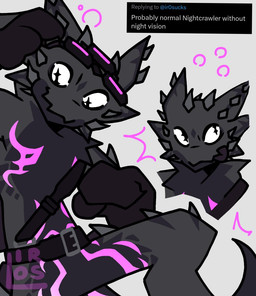 anthro belt black_body black_clothing black_gloves black_handwear black_underbelly blep clothing eyewear eyewear_on_head gloves goggles goggles_on_head grey_background grey_body handwear horn male night_vision_goggles pupils purple_stripes simple_background slit_pupils solo spikes spikes_(anatomy) stripes tongue tongue_out ir0sucks kaiju_paradise twitter gootraxian lizard nightcrawler_gootraxian reptile scalie 2025 digital_drawing_(artwork) digital_media_(artwork)