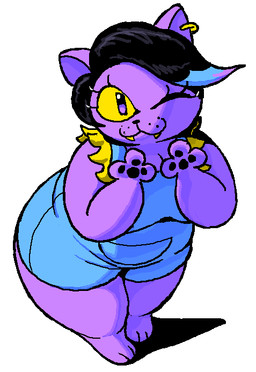 3_fingers 3_toes :3 anthro barefoot belly big_breasts black_hair black_pawpads blue_highlights breasts chibi cleavage clothed clothing curvy_figure ear_piercing ear_ring eyelashes fangs feet female fingers hair high-angle_view highlights_(coloring) looking_at_viewer one_eye_closed overalls overweight overweight_anthro overweight_female pawpads paws piercing purple_body ring_piercing short_hair shortalls simple_background smile solo standing teeth thick_thighs toes white_background wide_hips wink winking_at_viewer yellow_sclera jaquin_s undertale_(series) catty_cattenheimer domestic_cat felid feline felis mammal 2026 digital_drawing_(artwork) digital_media_(artwork) full-length_portrait portrait