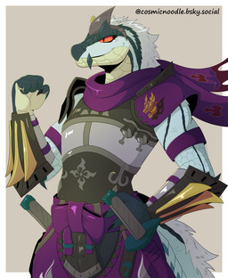 anthro armor armwear blue_body claws clothed clothing female fist fur hand_on_hip headgear headwear kunai melee_weapon multicolored_body raised_fist raised_hand red_eyes scarf smile solo standing sword tail topwear weapon white_body white_fur cosmic_noodle capcom monster_hunter mythology fanged_wyvern scalie tobi-kadachi digital_media_(artwork) hi_res portrait shaded