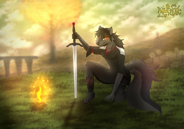 anthro black_body black_fur clothed clothing dress female fur hair holding_melee_weapon holding_object holding_weapon kneeling melee_weapon orange_eyes solo sword tail weapon astralia elden_ring fromsoftware canid canine canis mammal wolf digital_media_(artwork) hi_res