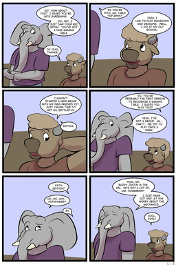 anthro clothed clothed_male clothing dialogue duo eyes_closed horn male proboscis_(anatomy) text trunk_(anatomy) tusks young young_anthro thunderouserections study_partners ragdoll_(study_partners) will_(study_partners) bison bovid bovine elephant elephantid mammal proboscidean 2:3 comic english_text hi_res