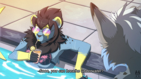 alcohol anime_style anthro beverage clothing cocktail duo eyewear fake_screencap female fin hair male male/female spiky_hair sunglasses swimming_pool swimwear water wet wet_body krapette knockout_(krapette) australian_shepherd canid canine canis domestic_dog felid fish herding_dog hybrid lion mammal marine pantherine pastoral_dog shark sheepdog 16:9 hi_res widescreen