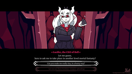 clothing duo female fur looking_at_viewer red_eyes self_insert suit teasing text user_interface white_body white_fur nova_prowler helltaker goat_lucifer_(helltaker) bovid caprine demon goat mammal 16:9 english_text widescreen