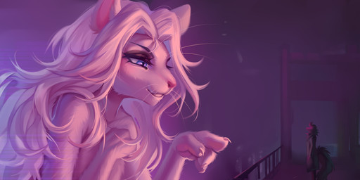 anthro blue_eyes claws clothed clothing detailed_background duo eyelashes female finger_claws fur glistening glistening_eyes hair hologram long_hair male narrowed_eyes parody pink_body pink_fur side_view size_difference text toony white_hair admiralobster blade_runner blade_runner_2049 basch_(verylazybones) canid canine felid mammal artist_name detailed hi_res meme