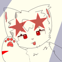 ambiguous_gender anthro cute_fangs fangs fur nude pawpads red_eyes red_pawpads solo star_sunglasses teeth tongue tongue_out white_body white_fur baixi_1_0 chevy_(baixi_1_0) domestic_cat felid feline felis mammal 1:1 restricted_palette female_(lore)