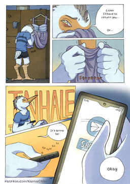 5_fingers anthro bedroom bottomwear cellphone clothed clothed_anthro clothed_male clothing depression dialogue dress electronics feathers fingers humanoid_hands male page_number phone shirt shorts smartphone solo speech_bubble standing text topwear white_body white_feathers kantachibli phillip_(kantachibli) avian bird heron pelecaniform comic english_text hi_res url