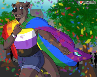 asexual_pride_colors bottomwear cape celebration clothed clothing confetti denim denim_bottomwear denim_clothing facial_hair facial_tuft flag flag_(object) happy jeans lgbt_pride nonbinary_pride_colors pants plant pride_color_accessory pride_color_clothing pride_color_flag pride_colors shirt smile tail tank_top topwear tree tuft ollieotty lgbt_pride_month ollie_the_otter mammal mustelid otter absurd_res hi_res