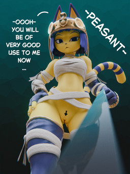 anthro armwear arrow_pointing_to_crotch arrow_pointing_to_pussy arrow_tattoo bandage bandaged_arm bandaged_chest bandaged_leg belly blue_armwear blue_clothing blue_elbow_gloves blue_fingerless_gloves blue_gloves blue_hair blue_handwear blue_legwear blue_thigh_highs bob_cut bottomless bottomless_anthro bottomless_female bracelet breasts claws clothed clothing crotch_lines cyan_background dialogue directional_arrow egyptian egyptian_clothing egyptian_headdress elbow_gloves female finger_claws fingerless_gloves fingers fur fur_markings genitals gloves hair hand_on_hip handwear headgear headwear holding_leash holding_object jewelry leash leash_pull leashed_viewer legwear looking_at_viewer looking_down low-angle_view markings medium_breasts midriff mummy_wrappings pubic_markings pubic_tattoo short_hair simple_background solo speech_bubble striped_markings striped_tail stripes tail tail_markings tattoo text thigh_highs unimpressed vulva wide_hips yellow_body nothingsorter warfaremachine_(modeler) animal_crossing nintendo ankha_(animal_crossing) warfare_ankha domestic_cat felid feline felis mammal 2026 3:4 3d_(artwork) digital_media_(artwork) english_text