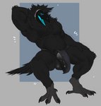 2023 4_toes alphi_(nightbirby) anisodactyl anthro avian avian_feet balls beak bird black_body black_fur bottomwear bulge claws clothed clothing corvid corvus_(genus) crow cybernetics cyborg digital_drawing_(artwork) digital_media_(artwork) feathers feet fur genitals hair hi_res hybrid killianroo knot loincloth looking_at_viewer machine male mammal muscular muscular_anthro muscular_male nude open_mouth oscine passerine penis protogen simple_background smile solo tail talons toes tongue