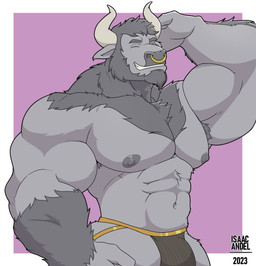 abs anthro areola armpit_hair barazoku beard biped body_hair bulge clothed clothing eyes_closed facial_hair facial_piercing front_view fur grey_body grey_fur horn jockstrap jockstrap_only male muscular muscular_anthro muscular_arms muscular_male navel nipples nose_piercing nose_ring piercing purple_background ring_piercing simple_background smile solo teeth text three-quarter_view topless topless_anthro topless_male underwear underwear_only isaac_andel bovid bovine cattle mammal 2023 artist_name colored half-length_portrait hi_res portrait shaded