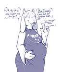 2_horns anthro belly belly_squish bloated breasts clothed clothing delta_rune_(emblem) dialogue dress eyelashes eyes_closed feeding female fur hand_on_belly horn mature_anthro mature_female navel open_mouth overweight overweight_anthro overweight_female simple_background solo speech_bubble squish symbol text thought_bubble white_background white_body white_fur lowkey undertale undertale_(series) toriel boss_monster_(undertale) bovid caprine goat mammal blue_and_white english_text monochrome