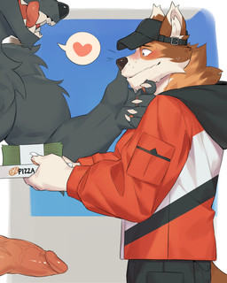 anthro blush box clothed clothing container delivery_(commerce) delivery_employee duo erection food_delivery fur genitals grey_body grey_fur hat headgear headwear heart_symbol jacket licking licking_lips male male/male nude penis pizza_box pizza_delivery sharp_teeth side_view teeth tongue tongue_out topwear vein veiny_penis visor_cap impwitter canid canine canis domestic_dog mammal wolf 4:5 absurd_res hi_res