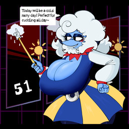 big_breasts black_border black_eyes blue_body blue_bottomwear blue_clothing blue_eyeshadow blue_skirt blue_topwear blush blush_lines blush_stickers border bottomwear breasts cleavage clothed clothing dialogue eyelashes eyeshadow female front_view hair hand_on_hip huge_breasts makeup news news_report open_mouth rectangular_speech_bubble skirt solo speech_bubble text topwear weather_report white_clothing white_hair white_topwear wide_hips yellow_bottomwear yellow_clothing yellow_skirt gallo_wazavi deltarune toby_fox_(copyright) undertale_(series) elnina_(deltarune) darkner elemental_creature elemental_humanoid humanoid 1:1 english_text hi_res