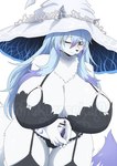 anthro big_breasts blue_eyes blue_hair breasts chest_tuft clothing cosplay curvy_figure female garter_straps hair hat headgear headwear huge_breasts kemono long_hair mature_female moon_tattoo multicolored_hair shy slightly_chubby solo thick_thighs tuft voluptuous witch_hat monokurosekai06 elden_ring fromsoftware lily_mari ranni_the_witch arctic_fox canid canine fox mammal true_fox digital_media_(artwork) hi_res