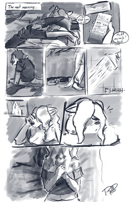 ambiguous_gender anthro bed cellphone cuddling dialogue electronics female feral furniture group machine male phone shower sleeping text trio ravid_anml ghirr_firewire_mertens_(ravid_anml) nora_seulis_(ravid_anml) tobias_hecaucatl_(ravid_anml) american_opossum canid canine canis mammal marsupial protogen wolf absurd_res comic english_text hi_res