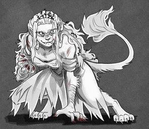:3 alternate_species angry anthro big_breasts blood bodily_fluids breasts claws clothing crown dress fangs female finger_claws fluffy fluffy_tail furrification furrowed_eyebrows glaring hair headgear humanoid_pointy_ears long_hair messy_hair monster_girl_(genre) paws pointy_ears scratches shadow sharp_teeth simple_background snout solo tail tail_tuft teeth thick_thighs tiara toe_claws torn_clothing tuft white_body white_hair wide_hips kaereth slay_the_princess the_princess_(slay_the_princess) the_witch_(slay_the_princess) felid feline mammal unknown_species