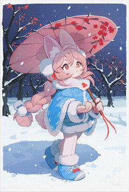 :< ahoge anthro braided_hair cape circle_eyebrows clothing eyebrow_through_hair eyebrows female footwear fur hair kemono looking_up pink_body pink_fur plant pupils red_eyes scut_tail shoes short_tail snow snowing solo tail teal_cape teal_clothing teal_footwear teal_shoes translucent translucent_hair tree wagasa walking white_pupils winter_clothing landypommel mihoyo zenless_zone_zero zhao_(zenless_zone_zero) lagomorph leporid mammal rabbit thiren absurd_res hi_res