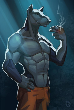 abs anthro biceps bottomwear cigarette clothed clothing dungeon male obliques pecs prison_uniform prisoner smoke smoking solo topless triceps kidau.granatu wildering ryker_(wildering) bull_terrier canid canine canis domestic_dog hunting_dog mammal terrier digital_media_(artwork) shaded