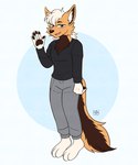 anthro barefoot black_clothing black_topwear blue_background bottomwear clothed clothing feet fur grey_bottomwear grey_clothing grey_pants looking_at_viewer male pants simple_background smile solo topwear mrs_foquis eclair_(kits) canid canine fennec_fox fox mammal true_fox 5:6 absurd_res full-length_portrait hi_res portrait