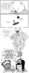 anthro blush blush_lines clothing fur group humor jumpsuit male male/male overweight smile smug text trio white_body white_fur nekokat42 one_piece bepo_(one_piece) trafalgar_law bear human mammal polar_bear ursine english_text hi_res monochrome