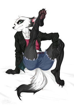 anthro belt bottomwear clothed clothing female fishnet_clothing fishnet_legwear fur jacket leather leather_clothing leather_jacket leather_topwear legwear looking_at_viewer pantyhose pawpads paws presenting raised_leg shirt shorts sitting solo stockings topwear white_body white_fur johnfoxart chloe_(johnfoxart) arctic_fox canid canine fox mammal true_fox 2020 hi_res