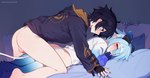 balls bed big_butt black_hair blue_eyes butt clothed clothing dialogue duo furniture genitals hair hoodie implied_orgasm lying lying_on_bed male male/male not_furry on_bed partially_clothed pillow purple_sclera slim small_waist tail topwear white_hair official_caelum vtuber caelum_vt shoto_(vtuber) demon demon_humanoid human humanoid mammal satyr hi_res