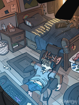 anthro antlers baseball_cap bed bedroom black_nose blue_baseball_cap blue_blanket blue_briefs blue_clothing blue_shirt blue_t-shirt blue_topwear blue_underwear book briefs brown_body brown_fur bulletin_board ceiling_fan cellphone charging_cord clothed clothing computer computer_keyboard computer_mouse curtains drink_bottle electric_fan electronics eyes_closed floor fur furniture grey_pillow grey_sheets hat headgear headphones headwear horn inside laundry_basket light male pantsless pantsless_male phone pillow plushie rug shirt sleeping sleeping_in_underwear solo sunlight t-shirt tan_body tan_fur teddy_bear tissue_box topwear trash trash_can underwear wood wood_floor tinydeerguy darwin_(tinydeerguy) deer mammal hi_res