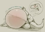 anus belly big_belly bloated blush bottomwear butt clothed clothing dialogue female feral huge_belly hyper hyper_belly inflation looking_at_viewer lying on_side skirt solo text susfishous heather_(susfishous) dinosaur prehistoric_species reptile scalie english_text monochrome