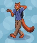 anthro backpack belt black_backpack blue_background blue_clothing blue_eyes blue_shirt blue_t-shirt blue_topwear bottomwear brown_bottomwear brown_clothing brown_pants circle_background clothing gesture hair long_tail looking_at_viewer male pants plantigrade pockets shadow shirt shrug simple_background solo t-shirt tail toony topwear tuft walking kemira kemira_redearth_(character) canid canine canis domestic_cat felid feline felis hybrid mammal wolf 2022 hi_res signature