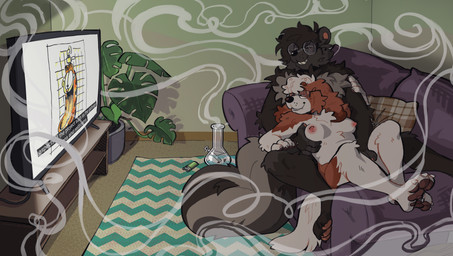 anthro black_nose bong breast_grab breasts brown_body brown_fur brown_nose brown_pawpads chest_tuft claws cuddling detailed_background drugs duo electronics eyewear eyewear_only feet female floppy_ears fluffy fluffy_chest fur furniture glasses glasses_only grey_body grey_fur grope hair hand_on_another's_crotch hand_on_breast head_tuft hindpaw houseplant inside lighter lop_ears lying male male/female marijuana nipples nude on_back on_sofa pawpads paws pillow pink_nipples purple_sofa rectangular_glasses round_glasses rug short_hair smoke snout sofa stoned substance_intoxication tail television tuft watching_television wearing_glasses white_body white_fur coolranchdoritoes_(artist) defunctland garfield_(series) cloud_(cloudpie) garfield_the_cat wix_(skunkwix) bird_dog canid canine canis cavalier_king_charles_spaniel domestic_dog hunting_dog mammal mephitid skunk spaniel striped_skunk toy_dog 2026 absurd_res clip_studio_paint_(artwork) digital_drawing_(artwork) digital_media_(artwork) hi_res shaded