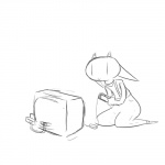 2_horns ambiguous_gender anthro biped clothed clothing electronics game_console gaming horn kneeling overalls playing_video_game shirt simple_background smile solo television topwear white_background yattermang nan_quest nan_(nq) bovid caprine goat mammal 1:1 2010 black_and_white monochrome sketch female_(lore)
