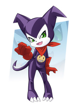 ambiguous_gender anthro claws clothed clothing gloves green_eyes handwear iris kerchief looking_at_viewer male neckerchief neckwear pink_tongue pose pupils purple_body red_clothing red_gloves red_handwear red_kerchief red_neckerchief shortstack shortstack_male solo tongue white_body white_claws rusho bandai_namco digimon digimon_(species) impmon