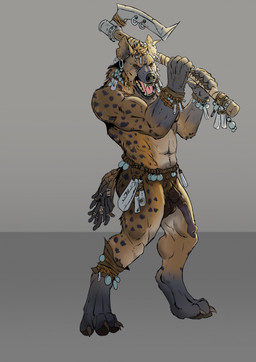 4_toes 5_fingers anthro athletic athletic_anthro athletic_male axe balls black_nose brown_body brown_fur brown_hair ear_piercing ear_ring erection facial_piercing fangs feet fingers fur genitals hair hindpaw holding_axe holding_object hoop_ear_ring humanoid_hands male markings mostly_nude mostly_nude_anthro mostly_nude_male nose_piercing nose_ring paws penis piercing ring_piercing septum_piercing septum_ring solo spots spotted_body spotted_fur teeth toes tongue tribal ravenousgnoll_(artist) gnoll hyena mammal hi_res