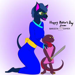 anthro cochlear_implant_processor deaf duo female katana keikogi kneeling martial_arts_uniform melee_weapon sportswear standing sword weapon baristagamerproductions ada_(gem_hunters) mother_bela_(gem_hunters) canid canine mammal reptile scalie snake 1:1 absurd_res hi_res