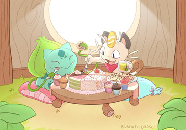ambiguous_gender beverage cake cookie cupcake cutlery dessert duo eating eating_food feral food fork furniture kitchen_utensils leaf pillow plant scarf table tablecloth tea tools vines wall_(structure) window window_light wood wood_wall prismaticdragee nintendo pokemon pokemon_mystery_dungeon spike_chunsoft bulbasaur generation_1_pokemon meowth pokemon_(species) hi_res