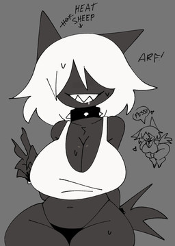 5_fingers anthro bear_trap_teeth black_clothing black_thong black_underwear bodily_fluids bracelet breasts cleavage clothed clothed_anthro clothed_female clothing collar crop_top curvy_figure directional_arrow drooling eyeless female female_anthro fingers front_view gesture grey_tail hair hair_over_eyes hand_gesture heart_symbol in_heat jewelry navel saliva sharp_teeth shirt sleeveless_shirt smile solo speech_bubble spiked_collar spikes sweat tail teeth text thong topwear underwear v_sign white_clothing white_crop_top white_hair white_shirt white_topwear wide_hipped_anthro wide_hipped_female wide_hips xarop77 sheep_(xarop77) canid canine canis mammal wolf 2025 digital_drawing_(artwork) digital_media_(artwork) english_text hi_res portrait three-quarter_portrait