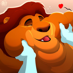 ambiguous_gender anthro blob_body blobby brown_eyes chubby_cheeks double_chin duo fat_folds fat_rolls fur immobile male mature_male morbidly_obese morbidly_obese_male multiple_chins obese obese_male offscreen_character open_mouth orange_body orange_fur overweight overweight_male teeth teeth_showing tongue yellow_sclera godalion disney the_lion_king mufasa felid lion mammal pantherine 1:1 hi_res signature