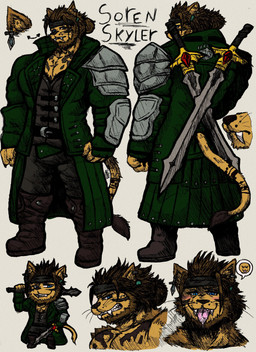 abs accessory anthro armor beard biceps black_body black_fur blep bodily_fluids boots brown_body brown_fur brown_hair chibi clothed clothing dual_swords ear_piercing ear_ring eyes_closed facial_hair fangs food footwear fur gloves hair handwear headband jewelry male melee_weapon multicolored_body multicolored_fur muscular muscular_anthro muscular_male nervous nervous_look nervous_sweat open_mouth overcoat pecs piercing ring_piercing sharp_teeth shoes simple_background smile smirk solo standing sweat sword teeth tongue tongue_out topwear triceps two_tone_body two_tone_fur vest weapon whiskers jwbash final_fantasy final_fantasy_xiv square_enix felid hrothgar mammal absurd_res hatching_(art) hi_res model_sheet shaded
