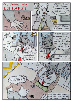 anthro barazoku beverage bird's-eye_view black_body black_fur blue_eyes bottomwear building bulge carpet chair city cityscape clothed clothing coffee coffee_mug comic_panel container crossed_arms cup day dialogue fingers fur furniture green_bottomwear green_clothing green_eyes green_necktie green_pants grey_clothing grey_topwear high-angle_view licking licking_lips licking_own_lips male musclegut muscular muscular_anthro muscular_male necktie office office_chair onomatopoeia pants politics red_necktie shirt sound_effects speech_bubble table talking_to_another text tongue tongue_out topwear white_body white_clothing white_fur window window_curtains dashthefox canid canine canis jackal mammal wolf 2025 absurd_res colored_pencil_(artwork) comic english_text hi_res traditional_media_(artwork)