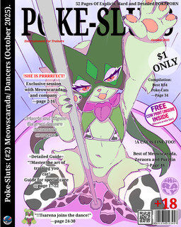 animal_print animal_print_bikini animal_print_thigh_highs anthro belly bikini bikini_top bottomless bottomless_anthro bottomless_female bra breasts clothed clothing cow_print cow_print_bikini cow_print_thigh_highs dancing eyelashes female female_anthro fictional_magazine_cover flat_chested fur furniture genitals green_body green_fur legwear lingerie looking_at_viewer magazine makeup mascara nails navel nude open_mouth pattern_bikini pattern_clothing pattern_legwear pattern_swimwear pattern_thigh_highs pawpads pokeball pole pole_dancing pornography pose qr_code raised_arm smile solo spread_legs spreading stage stage_act stage_magician stockings stripper_pole swimwear text thigh_highs topwear two-piece_swimsuit underwear vulva sharalythesheep nintendo pokemon domestic_cat felid feline felis generation_7_pokemon generation_9_pokemon mammal meowscarada pokemon_(species) tsareena 4:5 absurd_res colored cover detailed digital_drawing_(artwork) digital_media_(artwork) english_text hi_res magazine_cover shaded